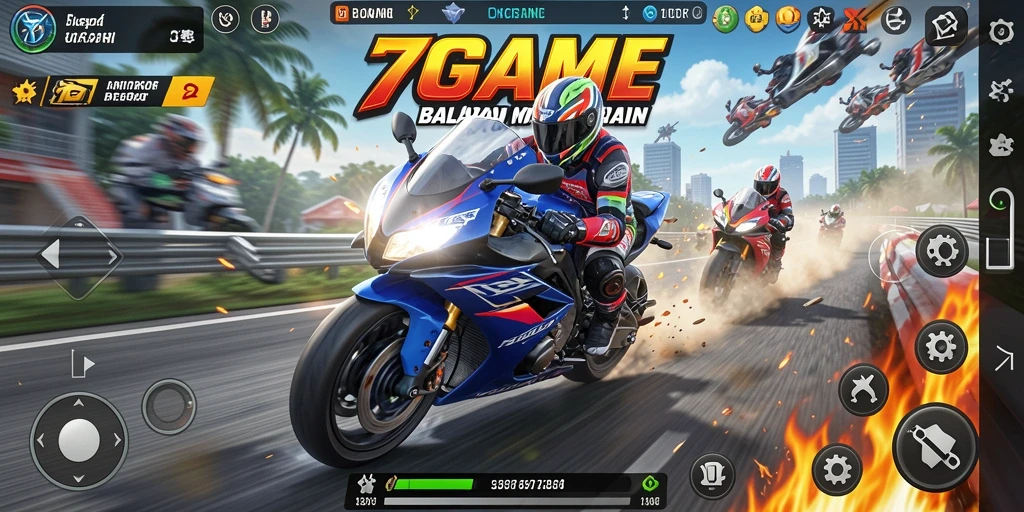Screenshot utama 7GAME menampilkan balapan motor yang mendebarkan.