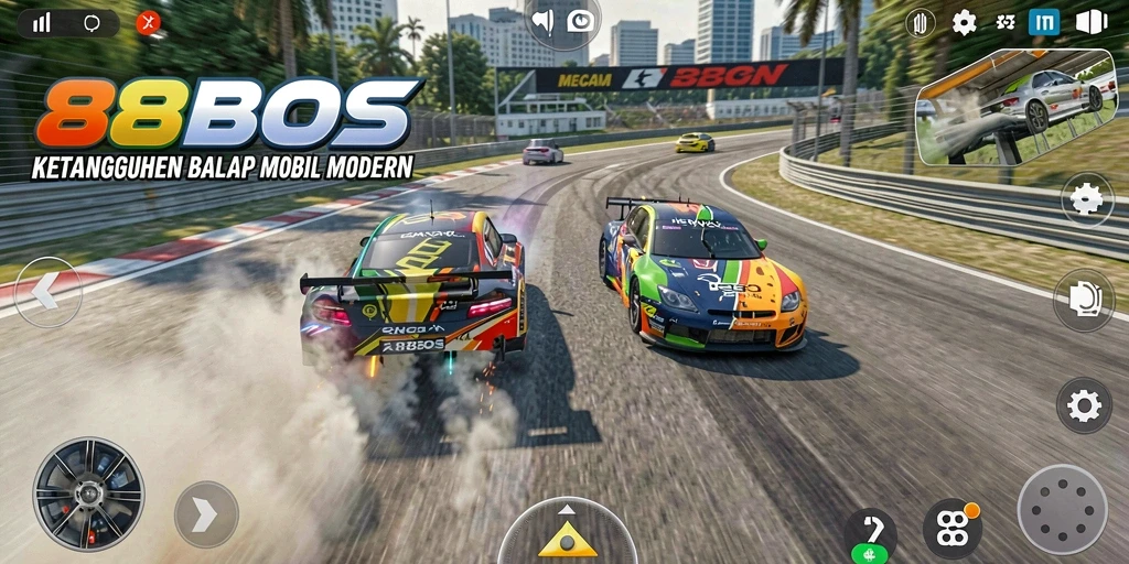Screenshot 88BOS menampilkan mobil balap melaju cepat di trek menantang.