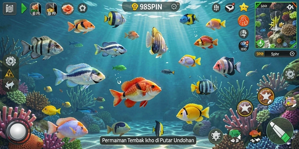 Tangkapan layar utama 98SPIN menunjukkan serunya menangkap ikan.