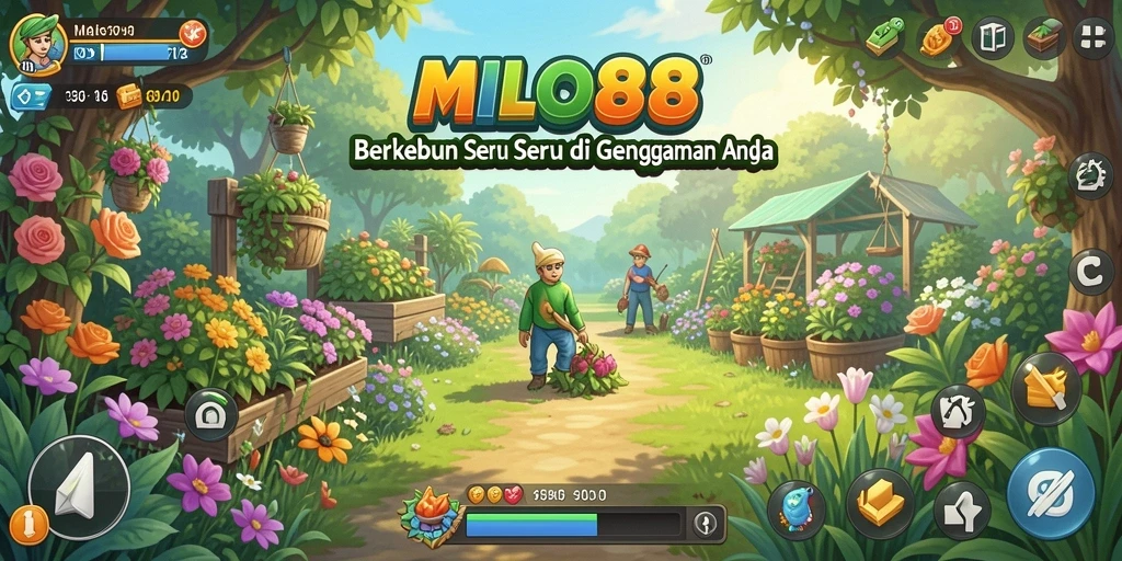 Tampilan gameplay <strong>MILO88</strong> dengan kebun yang subur dan tanaman beragam.
