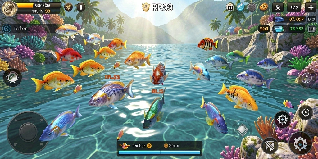 Screenshot gameplay RR33 menampilkan aksi menembak ikan yang seru.