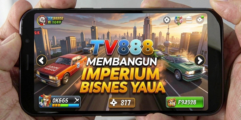 Tampilan utama gameplay Tycoon di TV888, menampilkan bangunan bisnis yang megah.