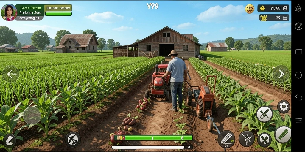 Screenshot dari gameplay Y89 yang menampilkan aktivitas bertani.